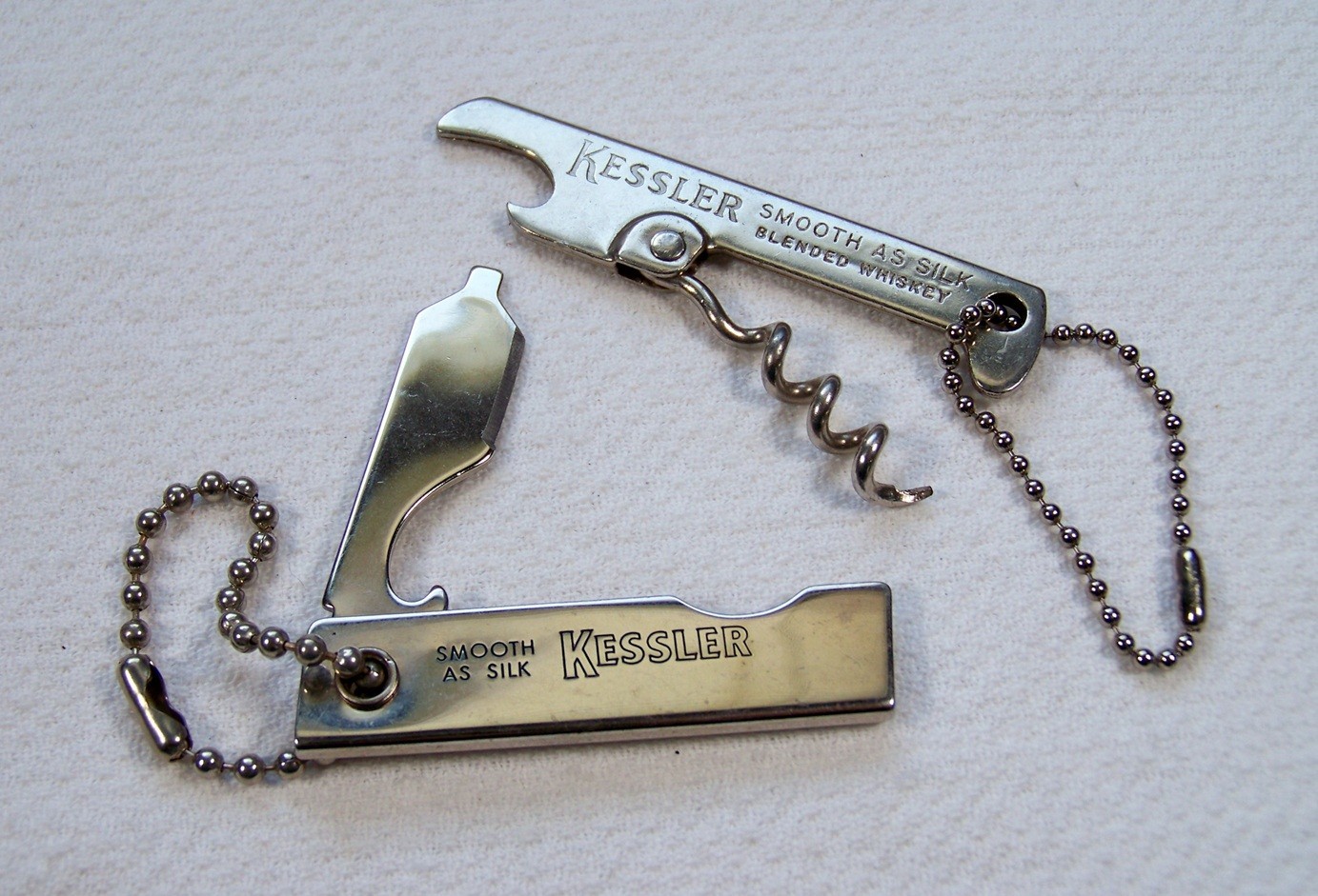 Vintage KESSLER Smooth as Silk BLENDED WHISKEY Bottle Opener Corkscrew Keychains
