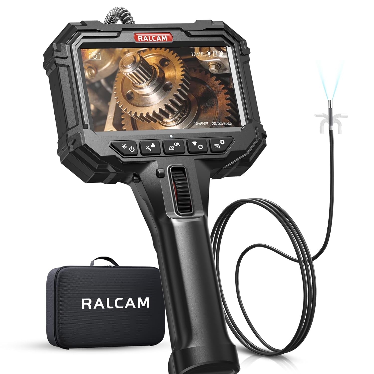 5.5mm Borescope Inspection Camera, 8X Zoom, 5" HD, IP67 Waterproof, 2-Way Articu
