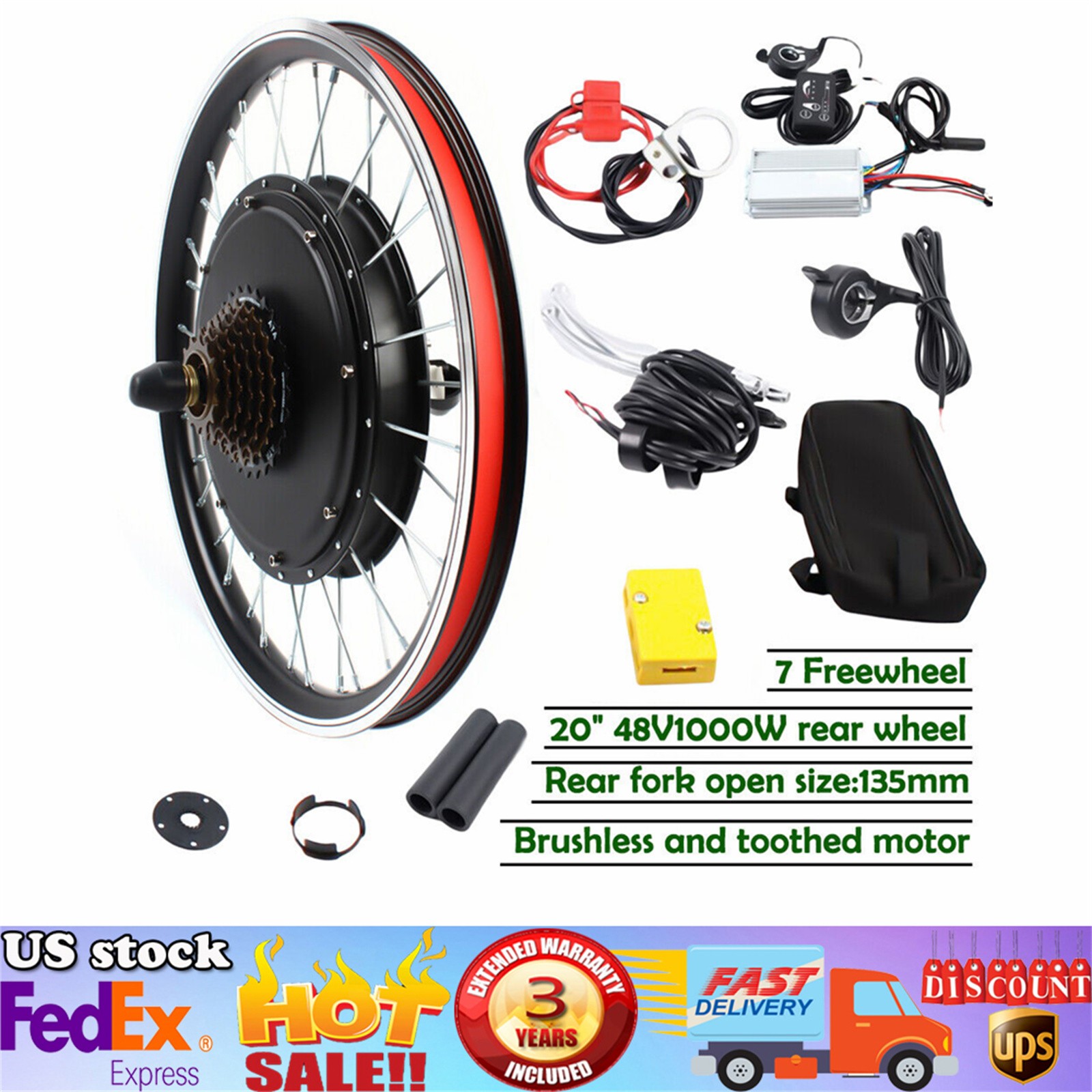 20" Rear Wheel Conversion Kit Hub 48V 1000W Electric Bicycle Ebike Motor Cycling