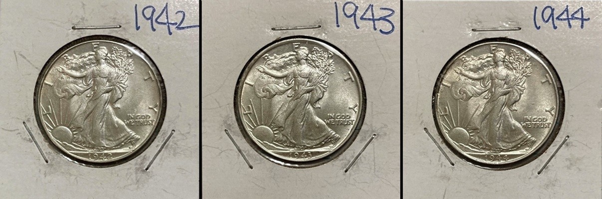 Three Walking Liberty Half Dollars - 1942-1944 - Brilliant Uncirculated