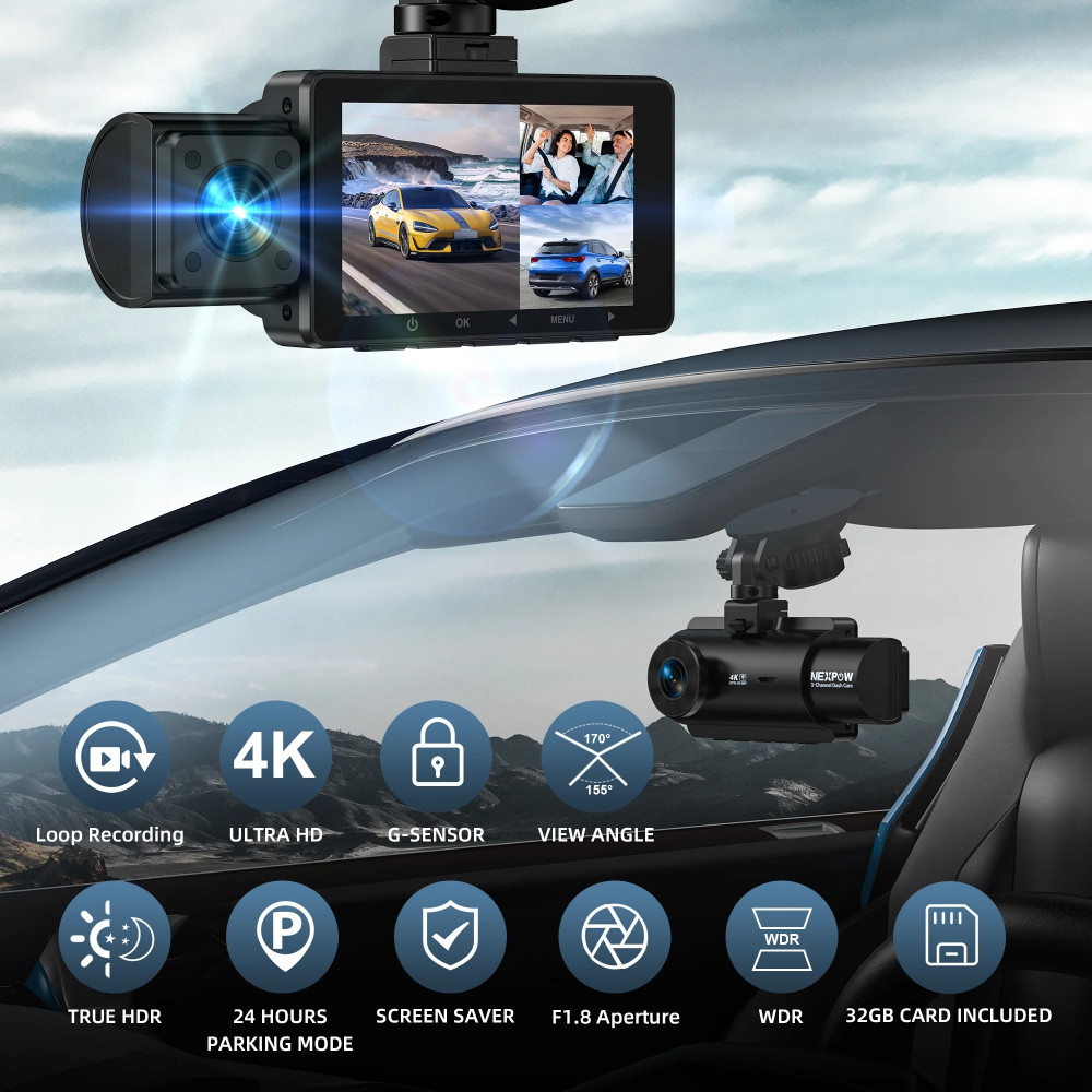 NEXPOW 4K Dash Cam Triple Channel Front 4K+1080P+1080P HDR Night Vision 24H