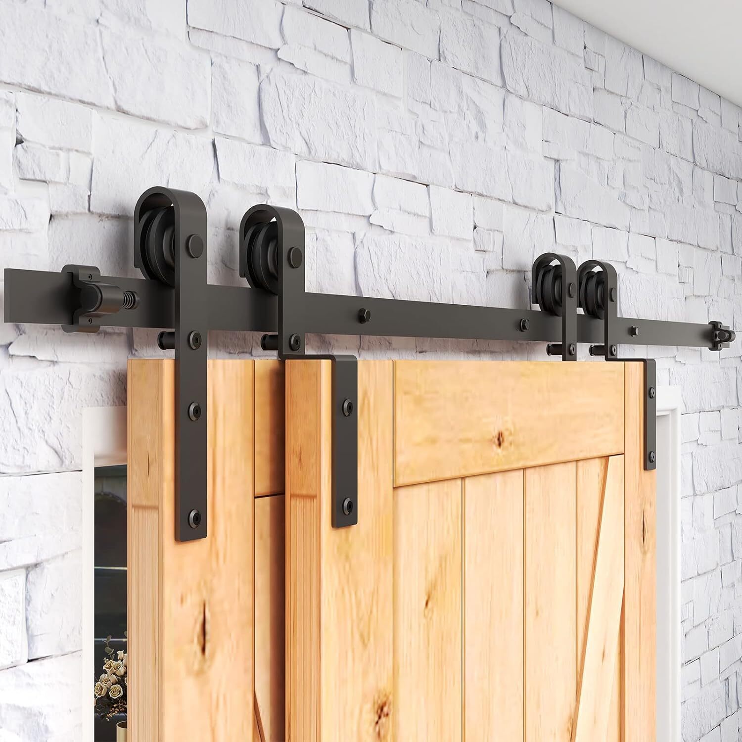 CCJH 5-20FT Bypass Sliding Barn Door Hardware Kit Single Track for Double Doors