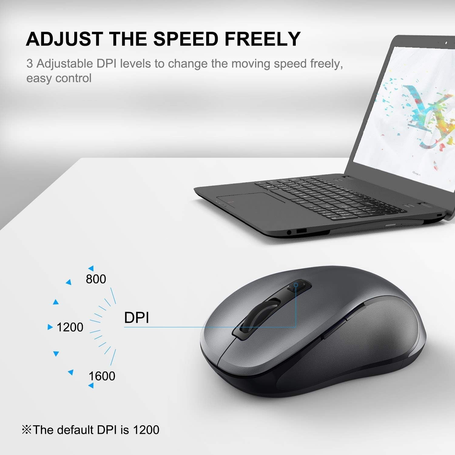 Lightweight Grey Wireless Computer Mouse for Laptops - 3 Adjustable Levels