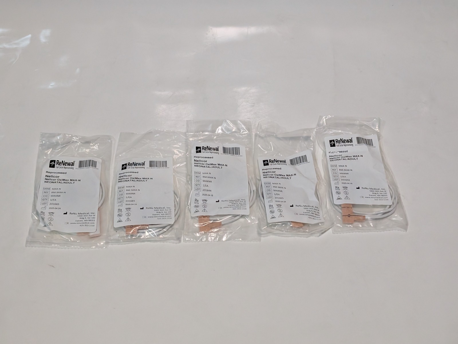 Lot of 5: Nellcor OxiMax MAX-N Neonatal/Adult Sensors/ ReNu Medical 425-353-1110