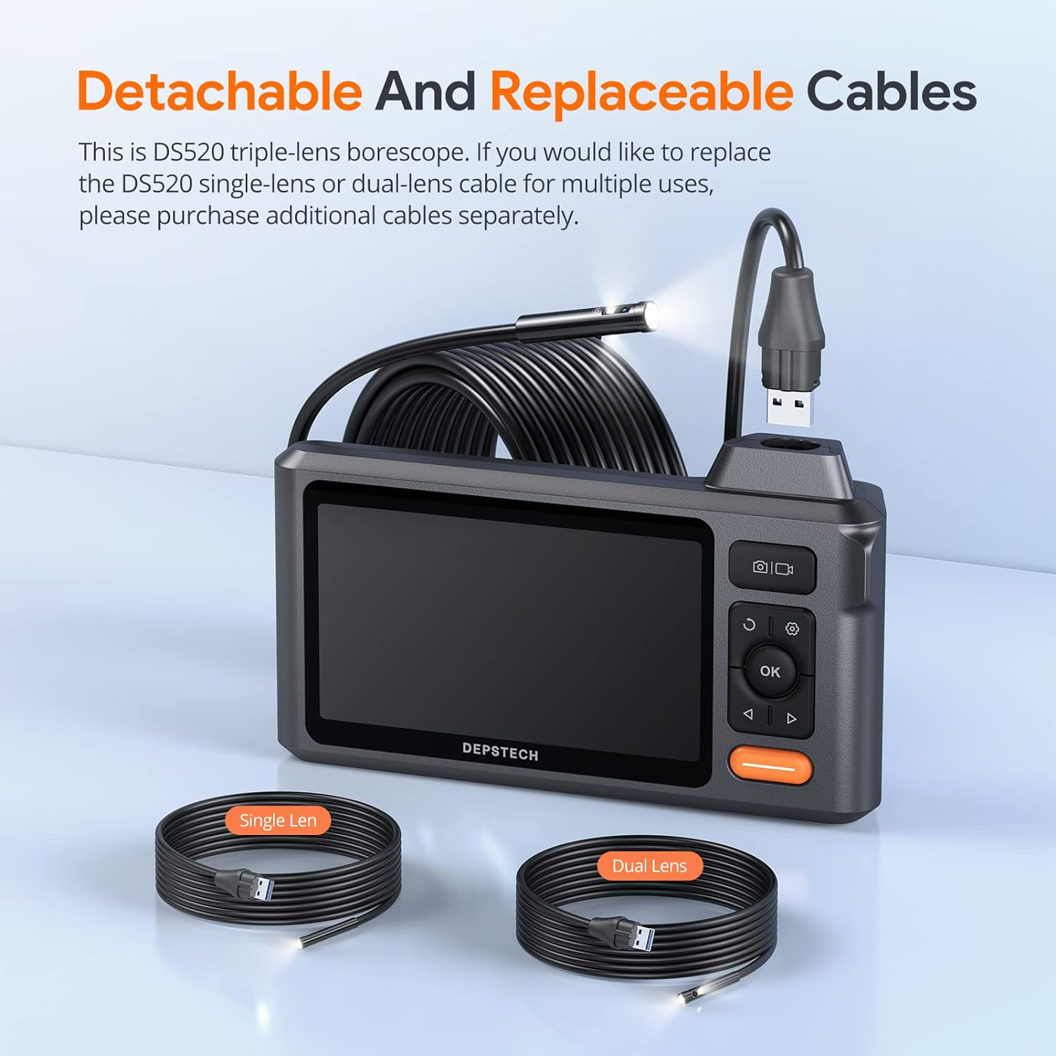 Triple Len Borescope Inspection Camera 5" IPS Screen Endoscope Camera with Light