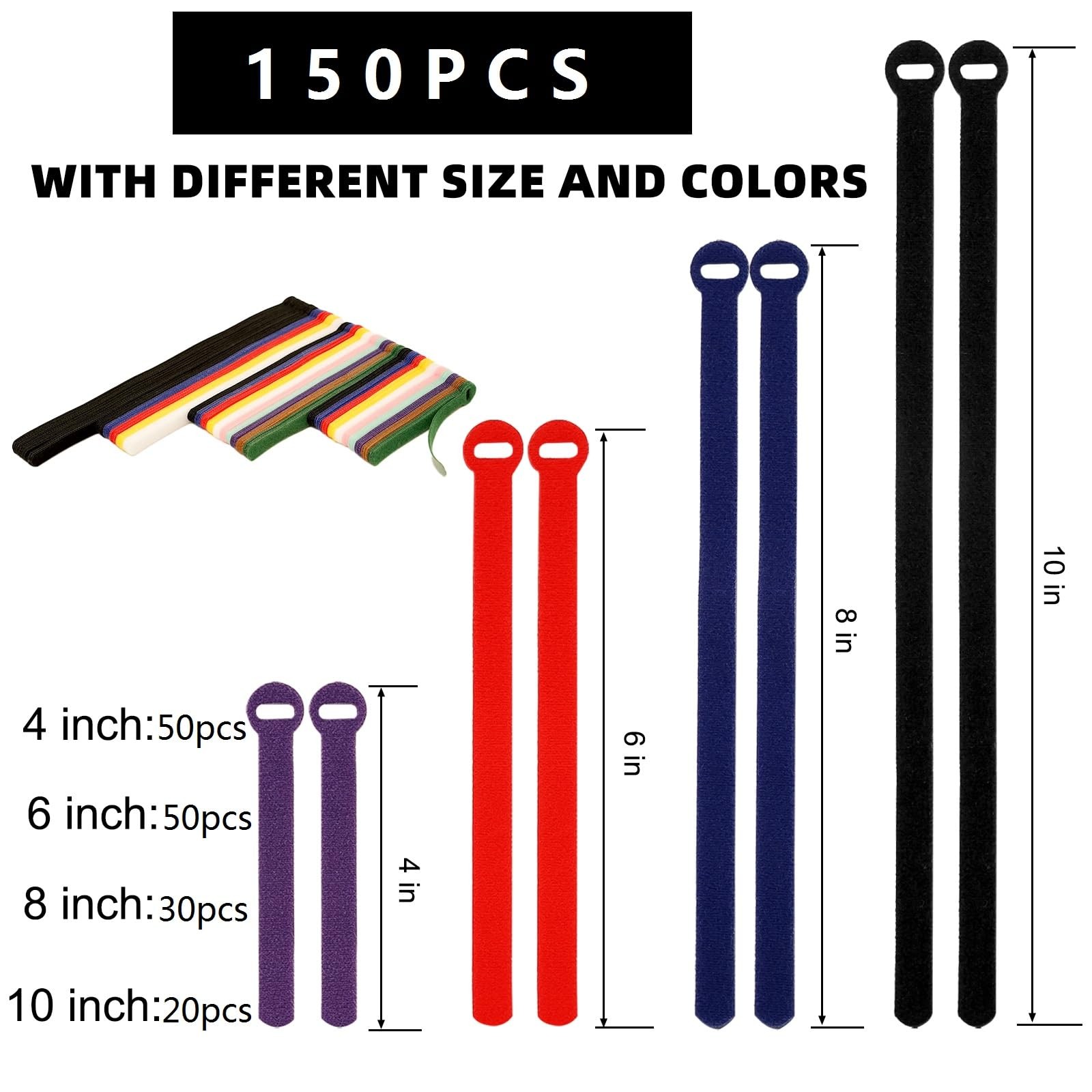 150PCS Cable Ties，4+6+8+10 Inch Reusable Cable Management