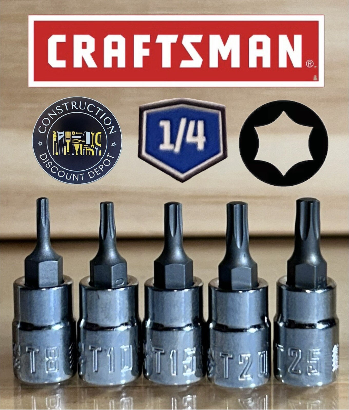 5 Craftsman Torx Bit Star Socket 1/4" Dr T8, T10, T15, T20 +T25  NEW