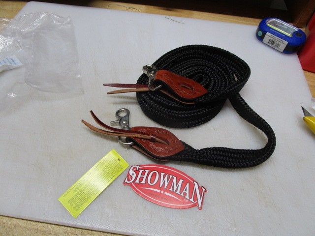 Showman BLACK 8' Flat NYLON Roping/Barrel Reins w/ Scissor Snap Ends NEW W TAGS