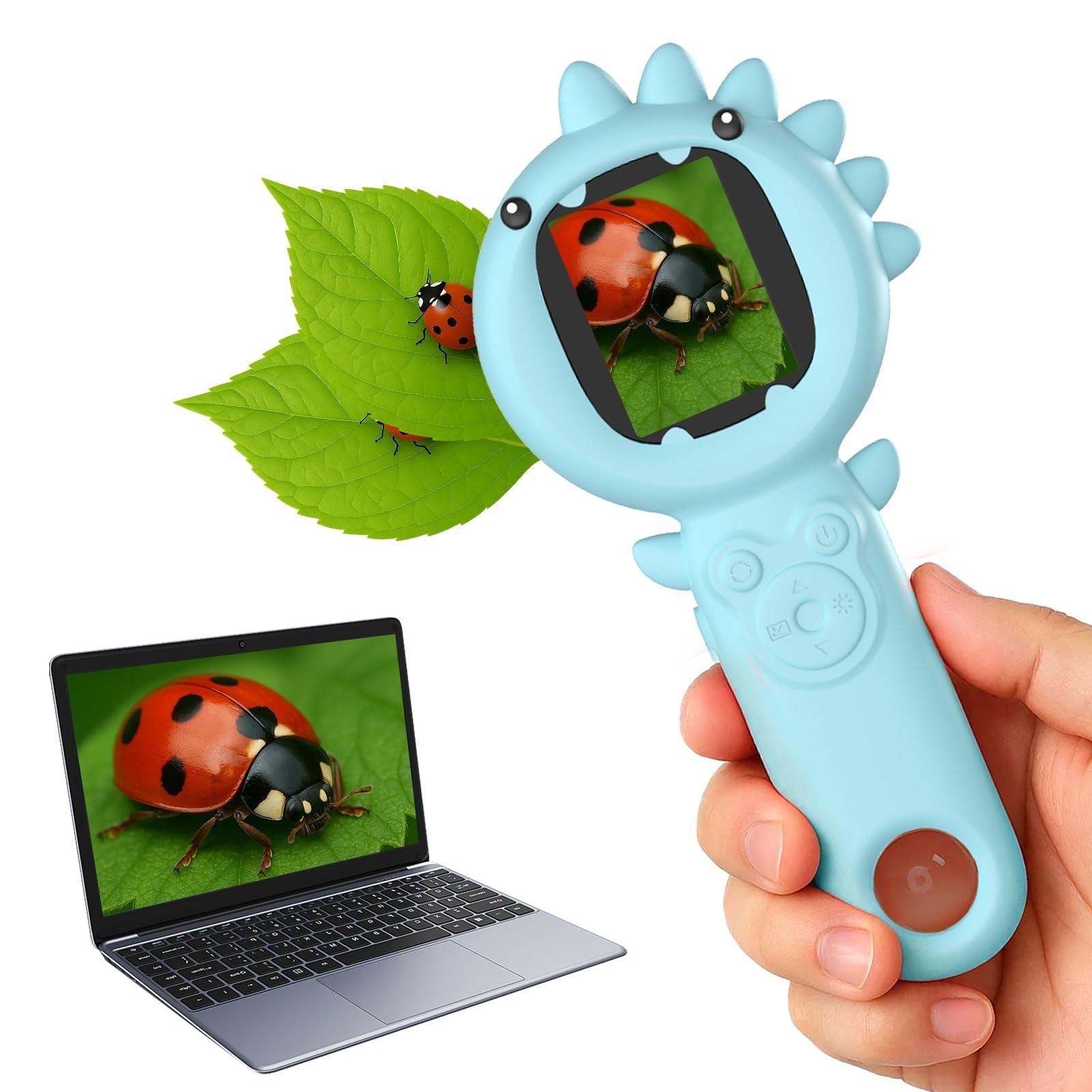 Kids Microscope Camera, 500X Handheld 2" IPS Screen, Blue Dinosaur | 2-in-1...