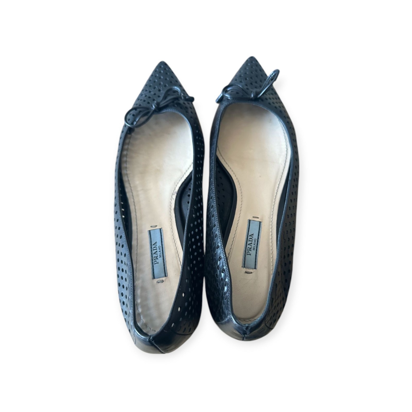 Prada Pointed Toe Flats, Black Perforated Leather, Size 39 EU, dust bag/box