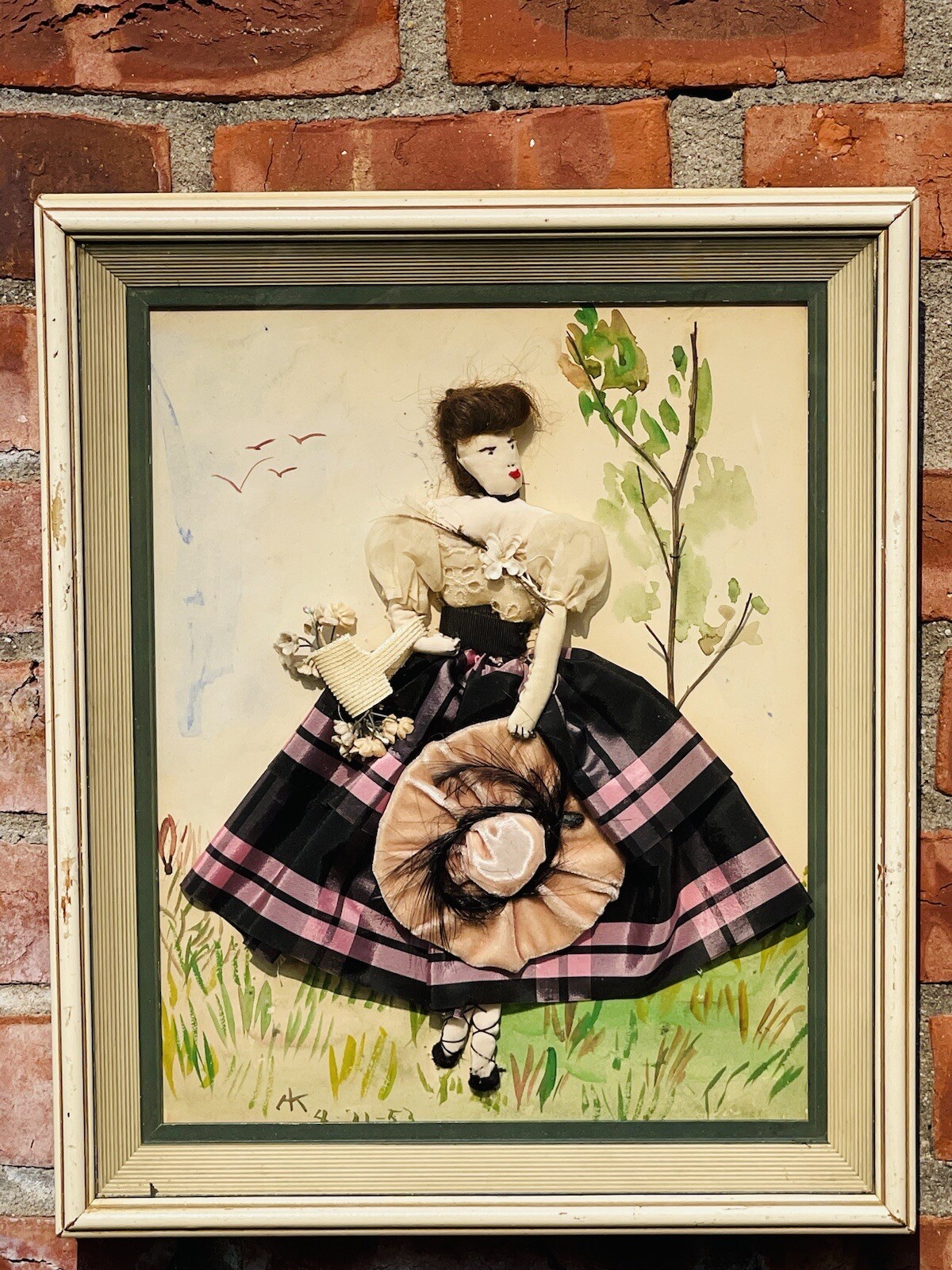 1953 American Folk Art Fabric Figure In Period Clothing Woman With Hat. Signed