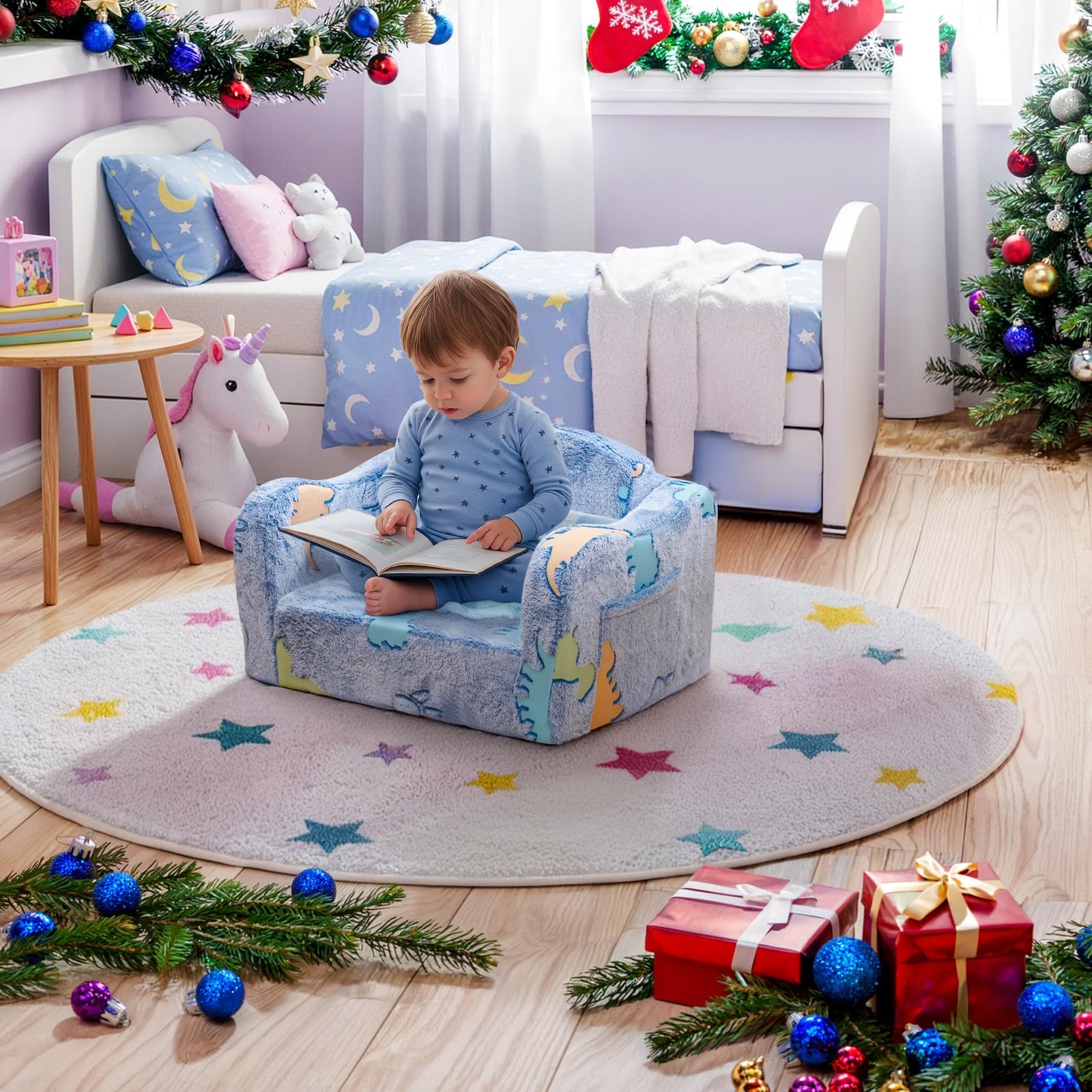 2-in-1 Toddler Couch,Glow in The Dark Baby Floor Bed,Foldable Toddler Chair K...