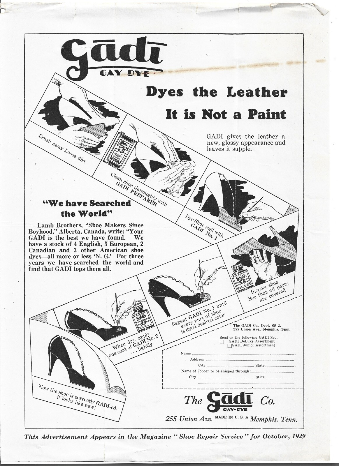 11 LOT~1929 GADI CO. LETTERHEAD/COLOR CHART/ADS~MEMPHIS, TN~SHOE DYES REPAIR/MFG