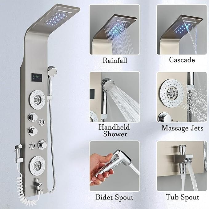 Stainless Steel LED Rain Waterfall Shower Panel Tower Column System Massage Jets