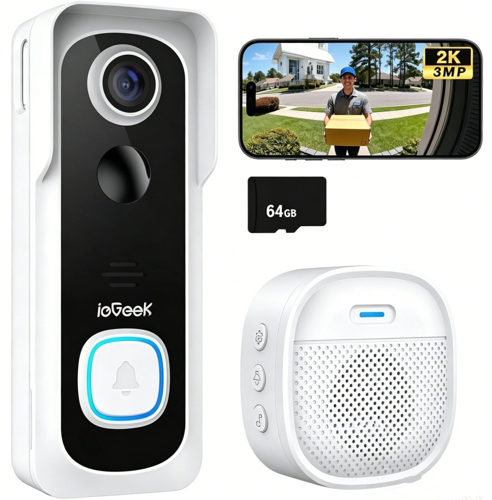 Wireless Video Doorbell No Subscription 2K 3MP PIR Motion Detection, 2-Way Audio