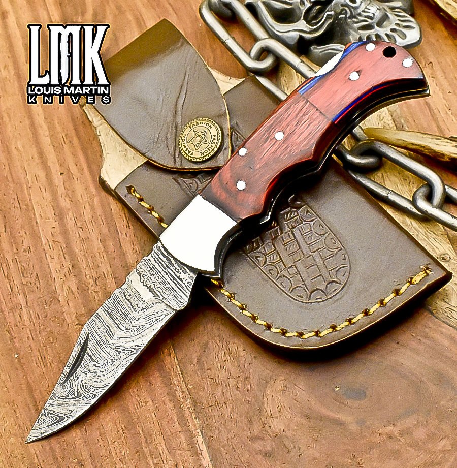 LMK Custom Twist Damascus Folding Knife Hard Wood Back Lock Outdoor