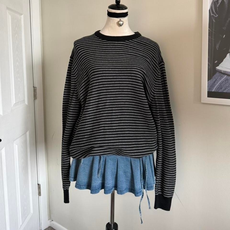 Black and grey striped Chaps sweater with black trim