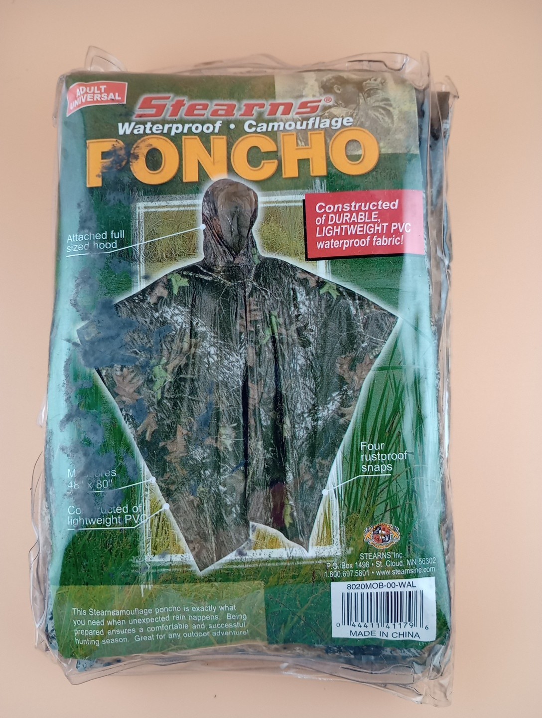 Stearns Waterproof Camouflage Hooded Poncho Size Adult Universal 48" X 80" New