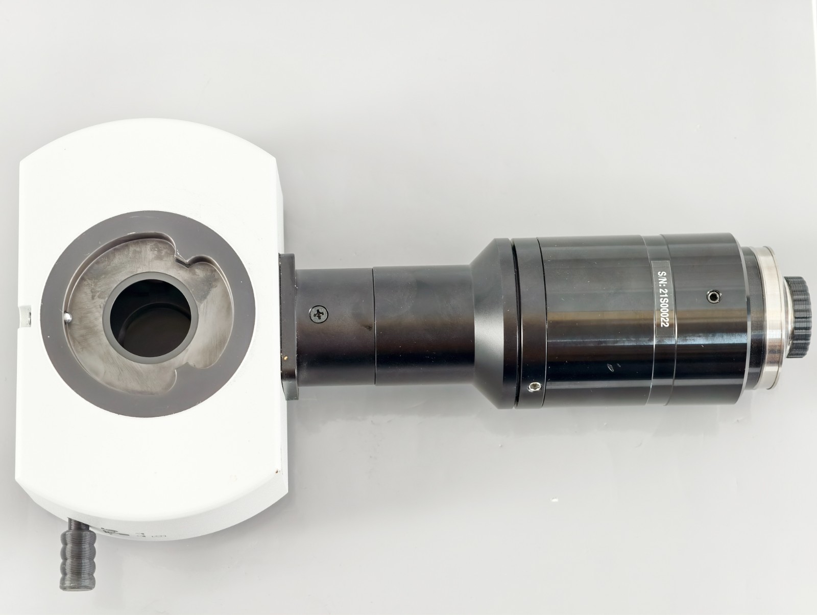 Olympus Microscope U-TRUS with Riser and Optem 0.5x C Mount Camera Adapter
