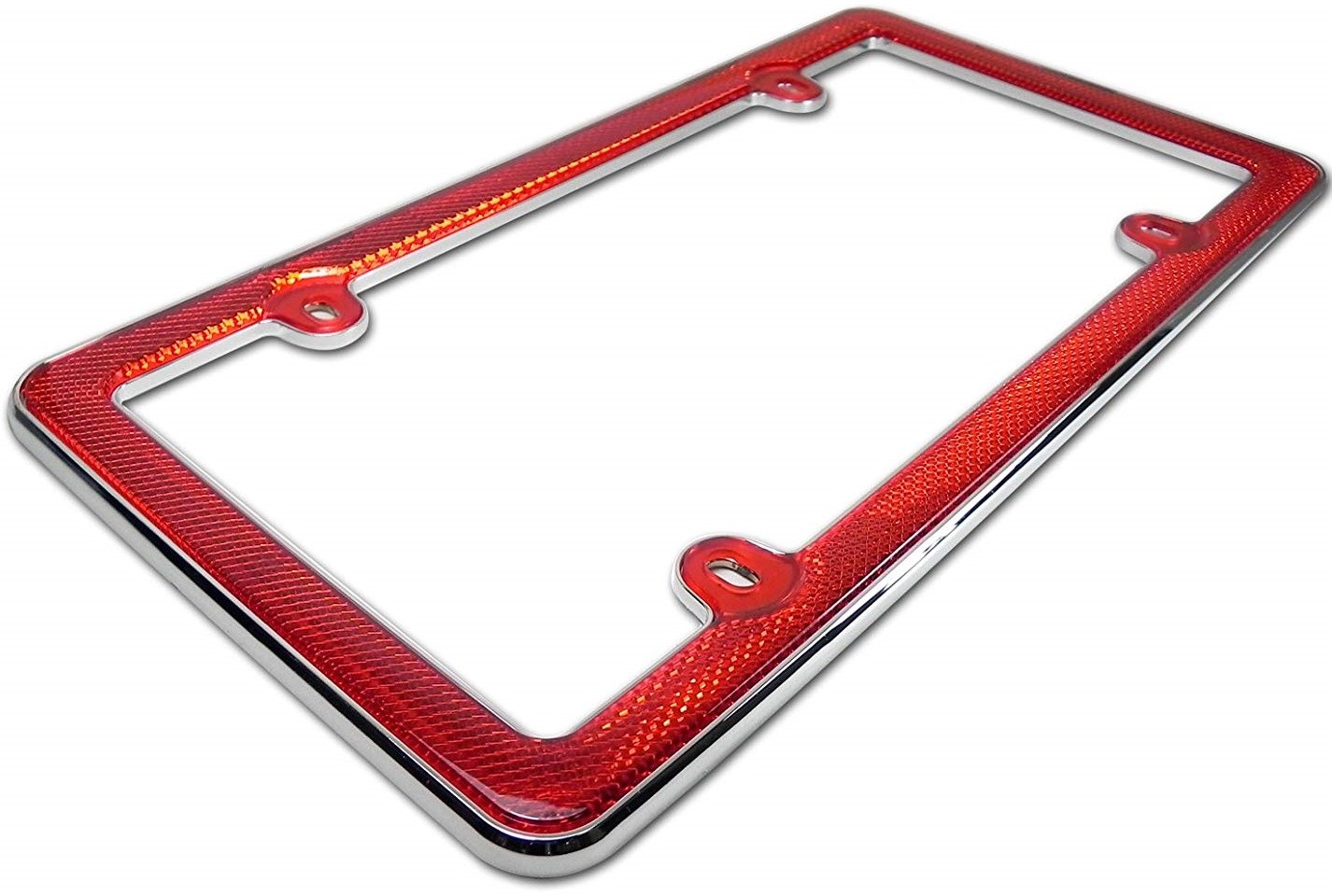 Chrome Metal License Plate Frame Red Plastic reflective Car RV Boat Tow Trailer