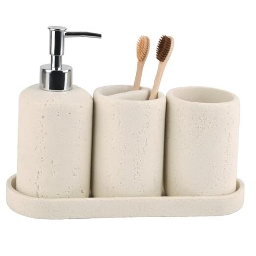 Bathroom Accessories Set,4 Piece Travertine Stone Look Travertine Beige