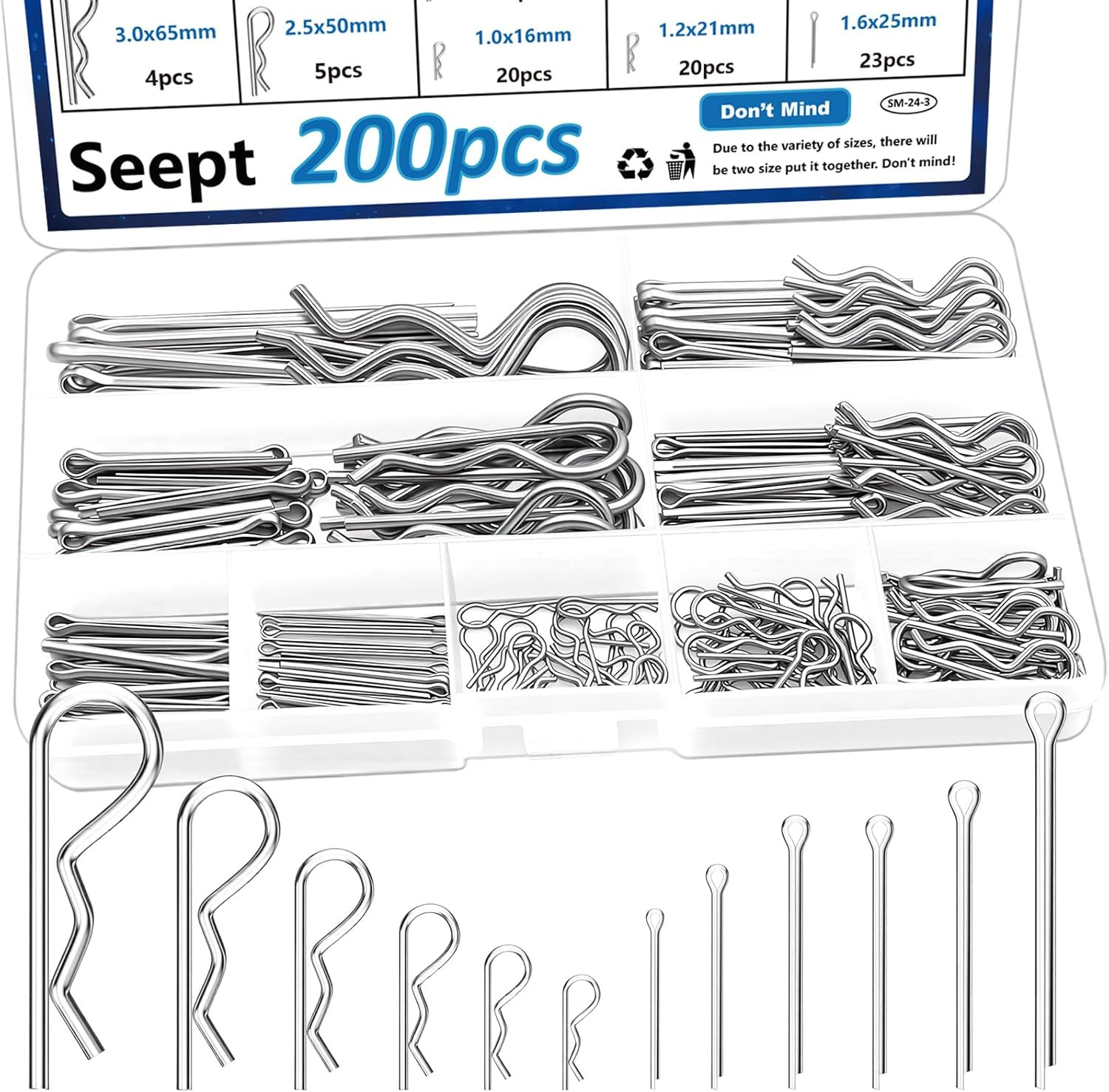 200Pcs 304 Stainless Steel Cotter Pins Assortment Kit - Hitch Pin Clips for Lock