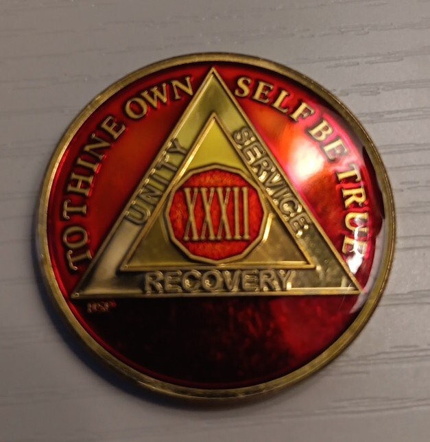 32 Year AA Sobriety Coin Medallion- Rich Mandarin Red Enamel 32ND Year XXXII
