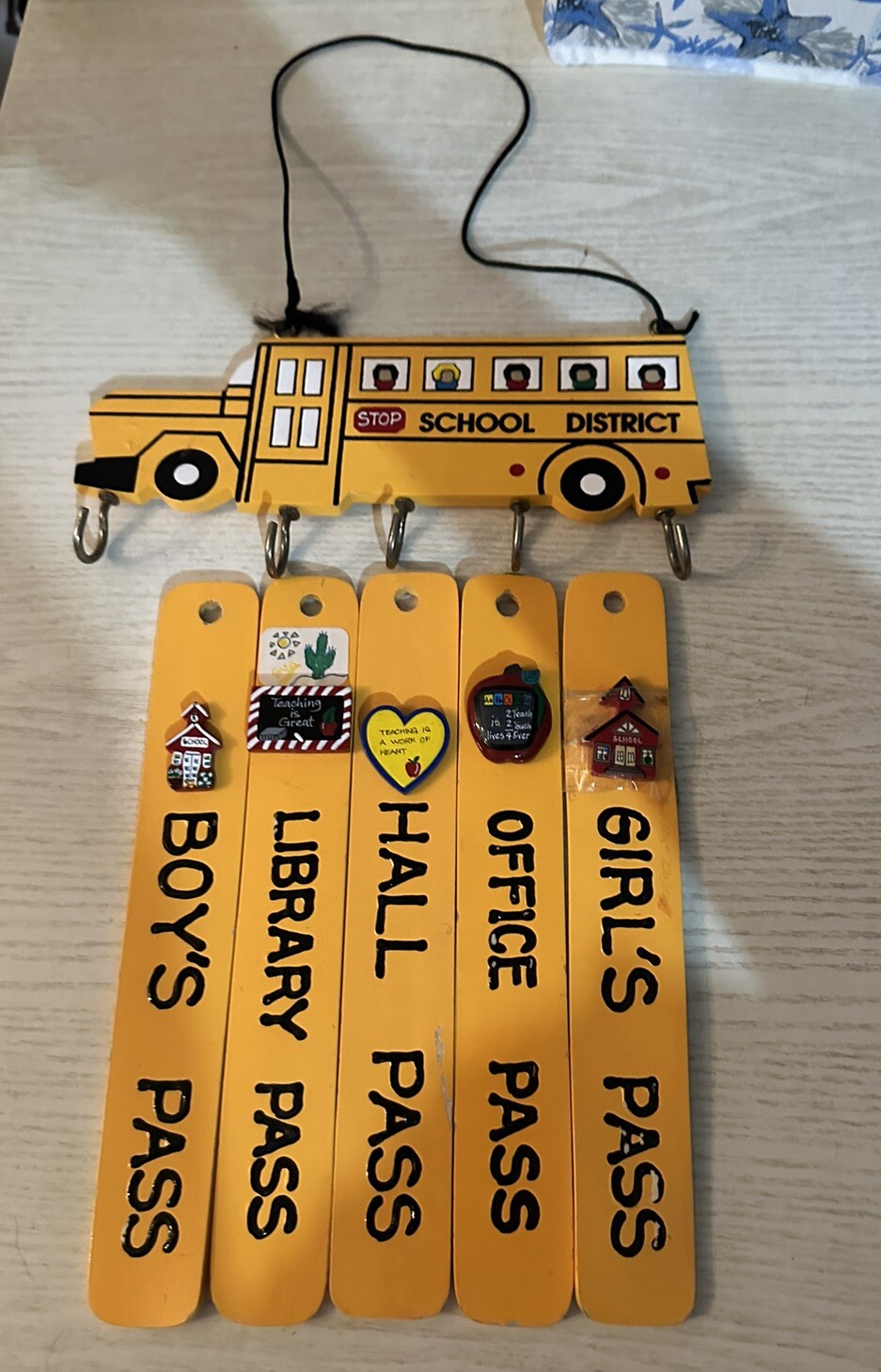 Classroom Teacher School District Wood Sign 5 Hooks Hall Pass Library Boys Girls