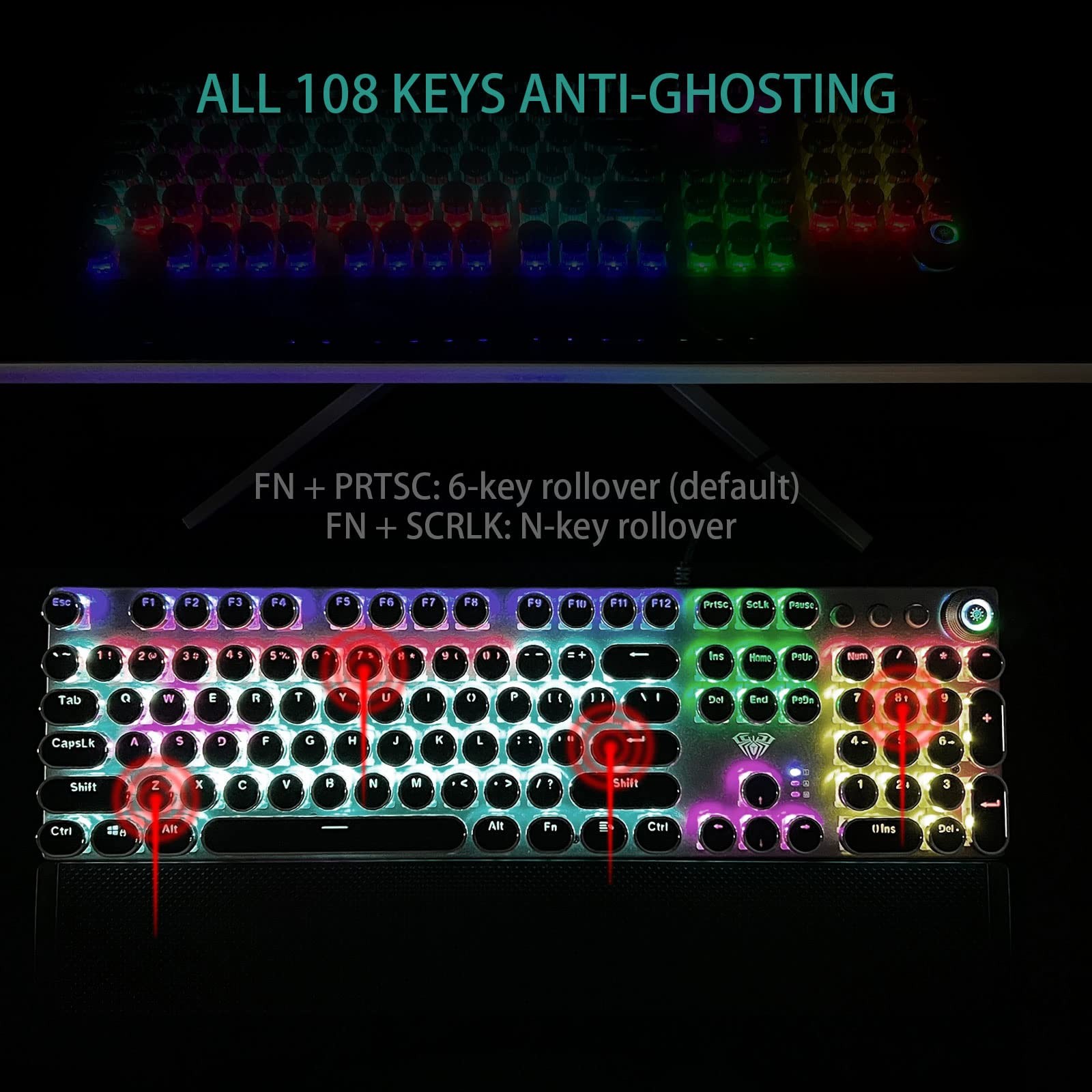 Aula F2088 Typewriter Style Mechanical Gaming Keyboard Blue Switchesrainbow Led