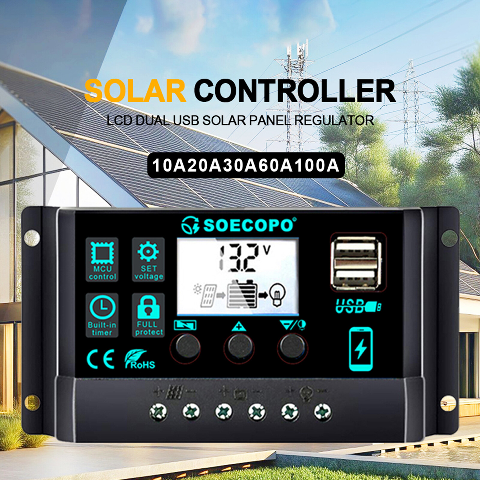 12/24V 10-100A Solar Charge Controller LCD W/Overcharge/Short Circuit Protecti