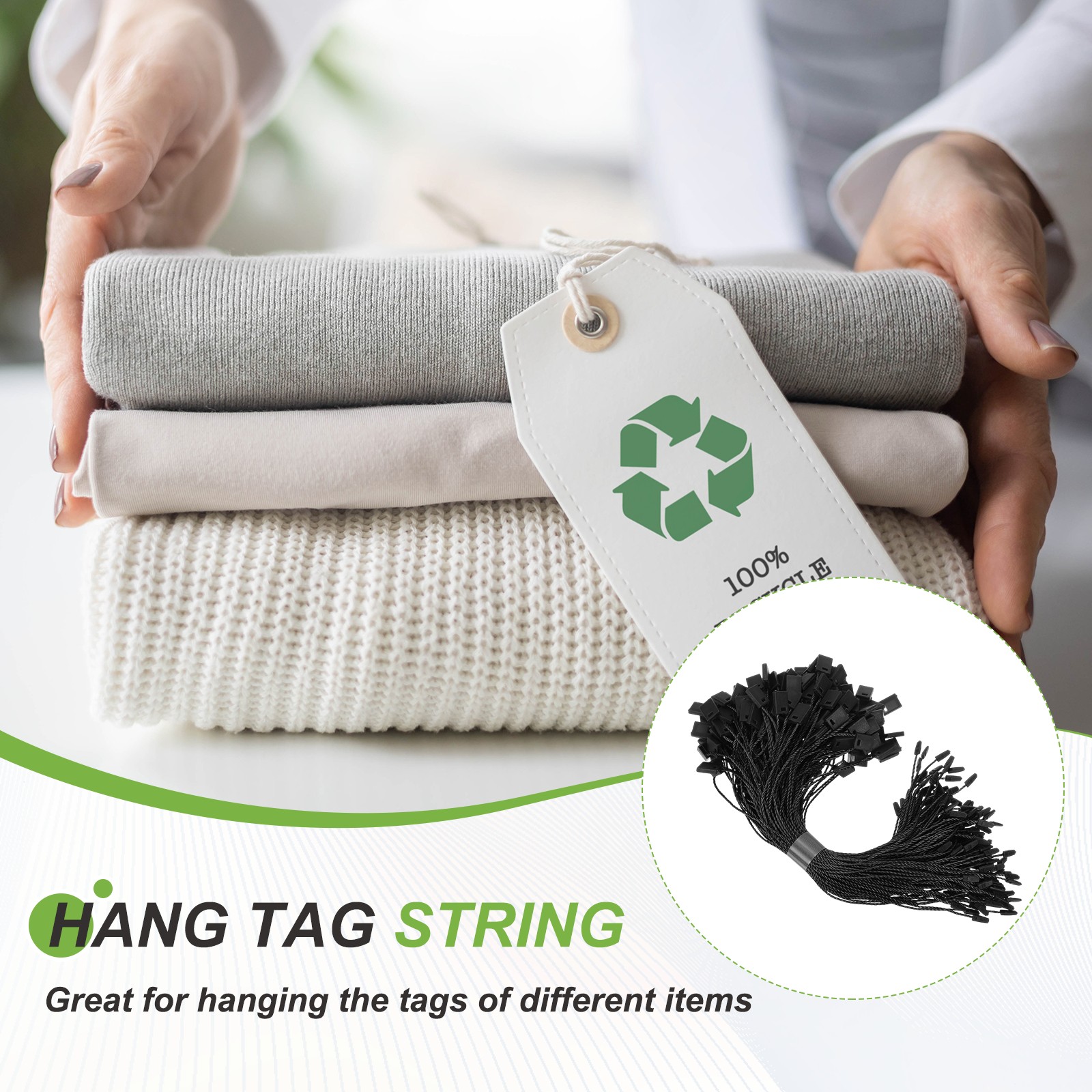 1000pcs Polyester Hang Tag String (6.7") - Plastic Snap Lock Pin Loop Black