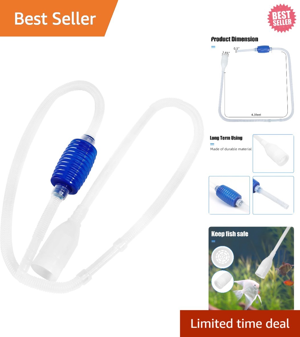 Aquarium Gravel Cleaner with 1.6m Hose - Efficient Water Changer for Tanks
