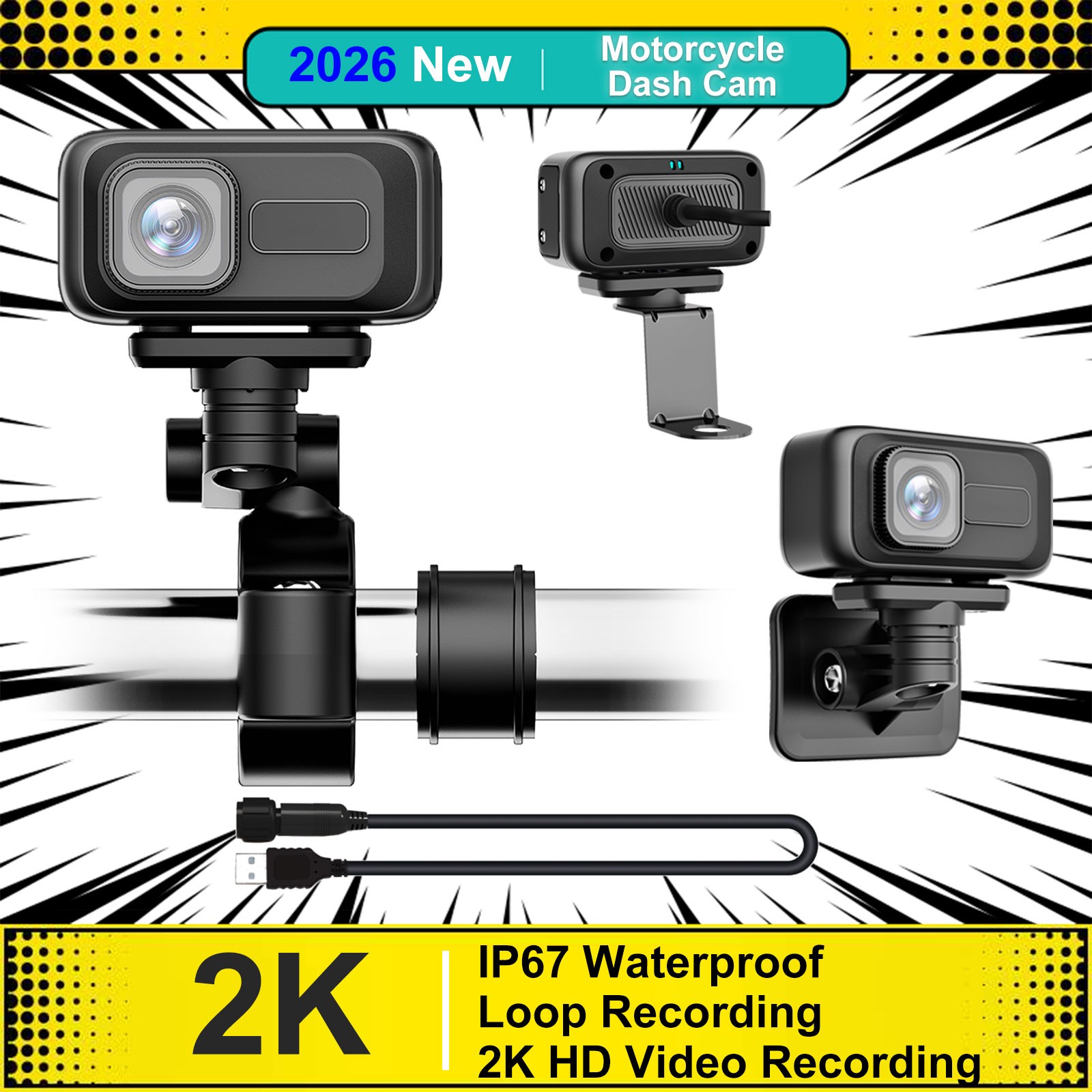 Motorcycle Bicycle Recorder 2K HD WiFi APP 64GB SD Card 3 Brackets Anti-Shake
