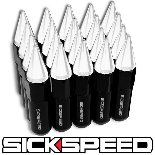 SICKSPEED 20 PC BLACK/WHITE SPIKED ALUMINUM 60MM LUG NUTS 12X1.5 L07