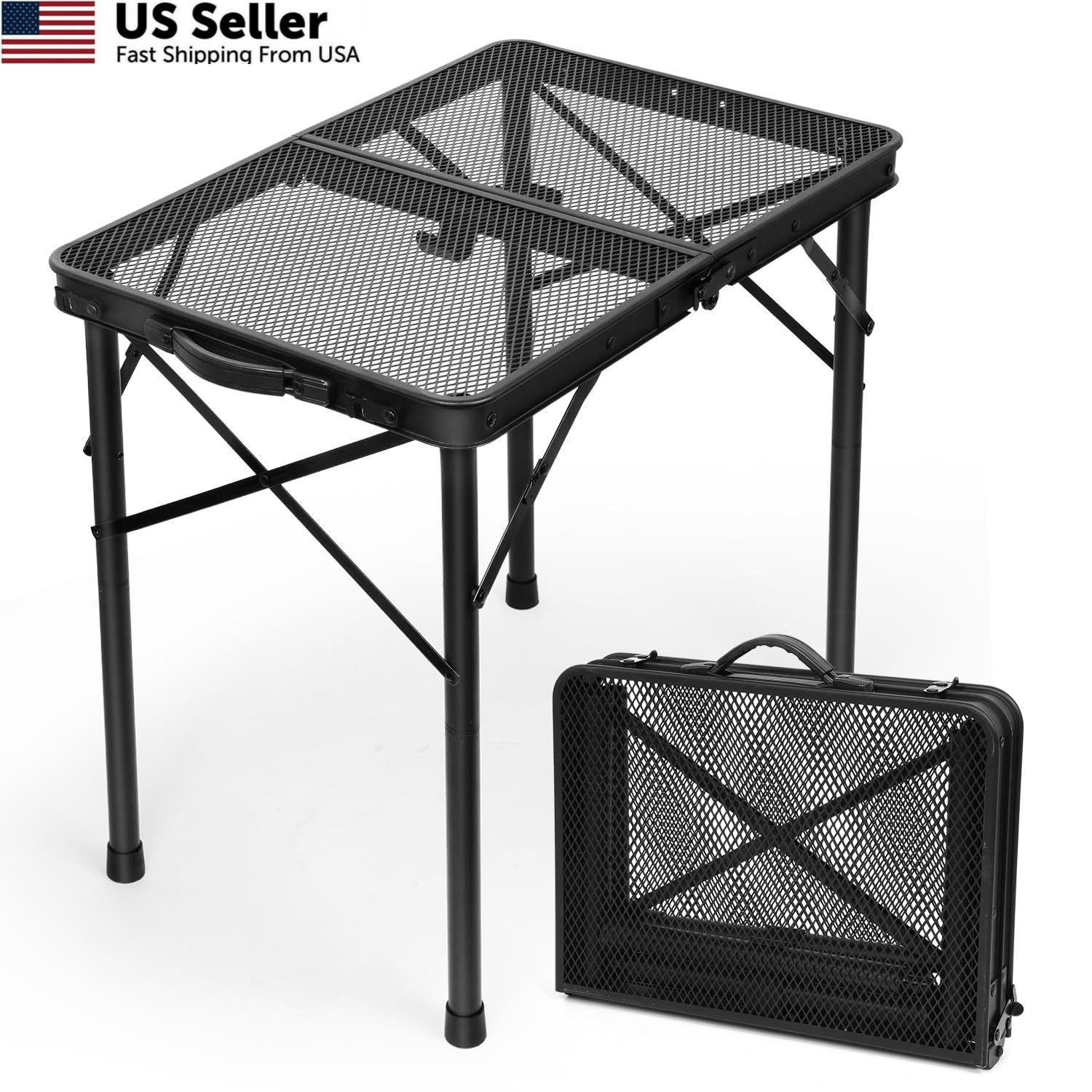 2Ft Small Folding Table with - 23.6"L x 15.8"W x 10.6"/22"H, Black