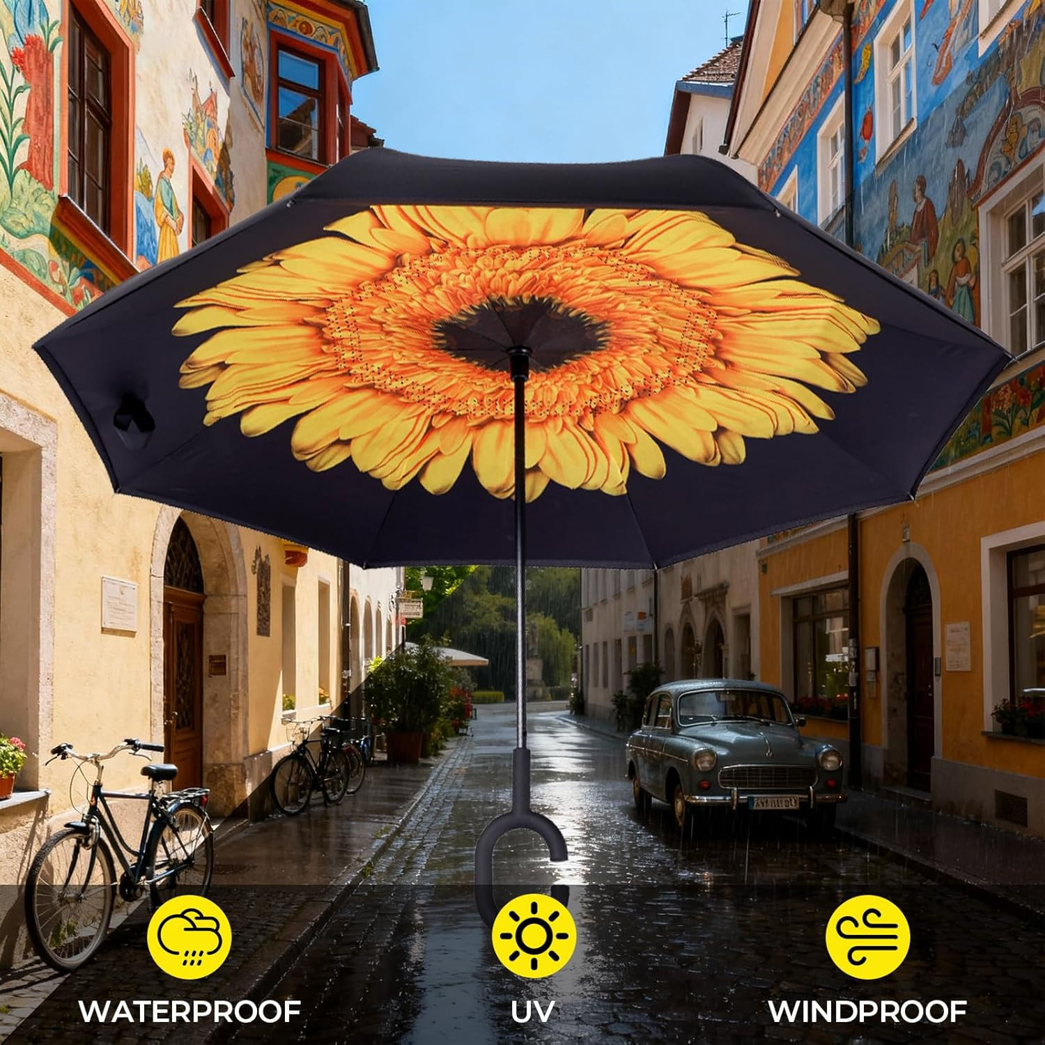 Windproof Inverted Umbrella, Large Reverse Umbrellas for Rain with C-Shaped Hand