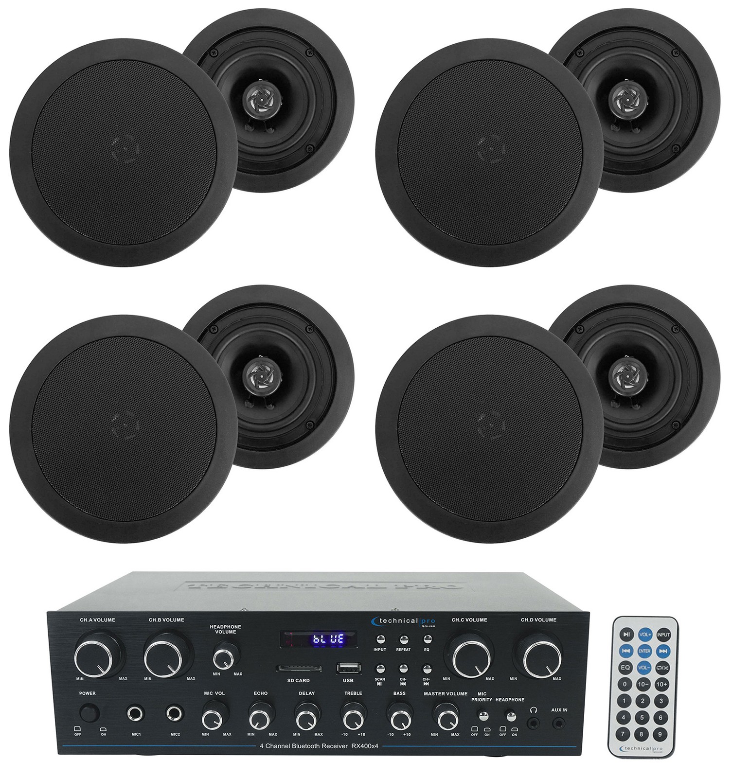Technical Pro RX400X4 Bluetooth Home Receiver Amp+8) 5.25" Black Ceiling Speaker