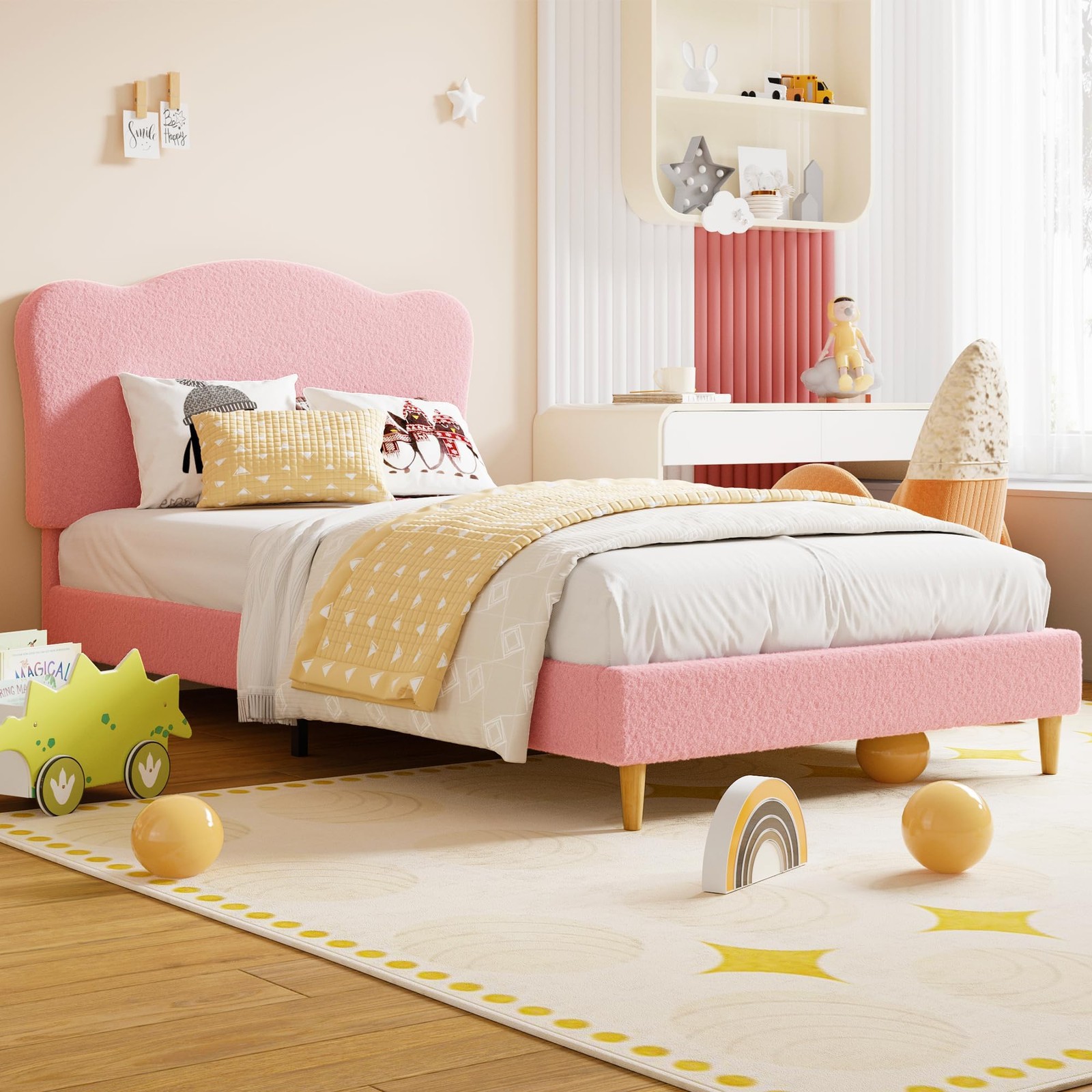 Twin Size Upholstered Bed Frame Pink Platform Bed with Headboard for Kids NEW