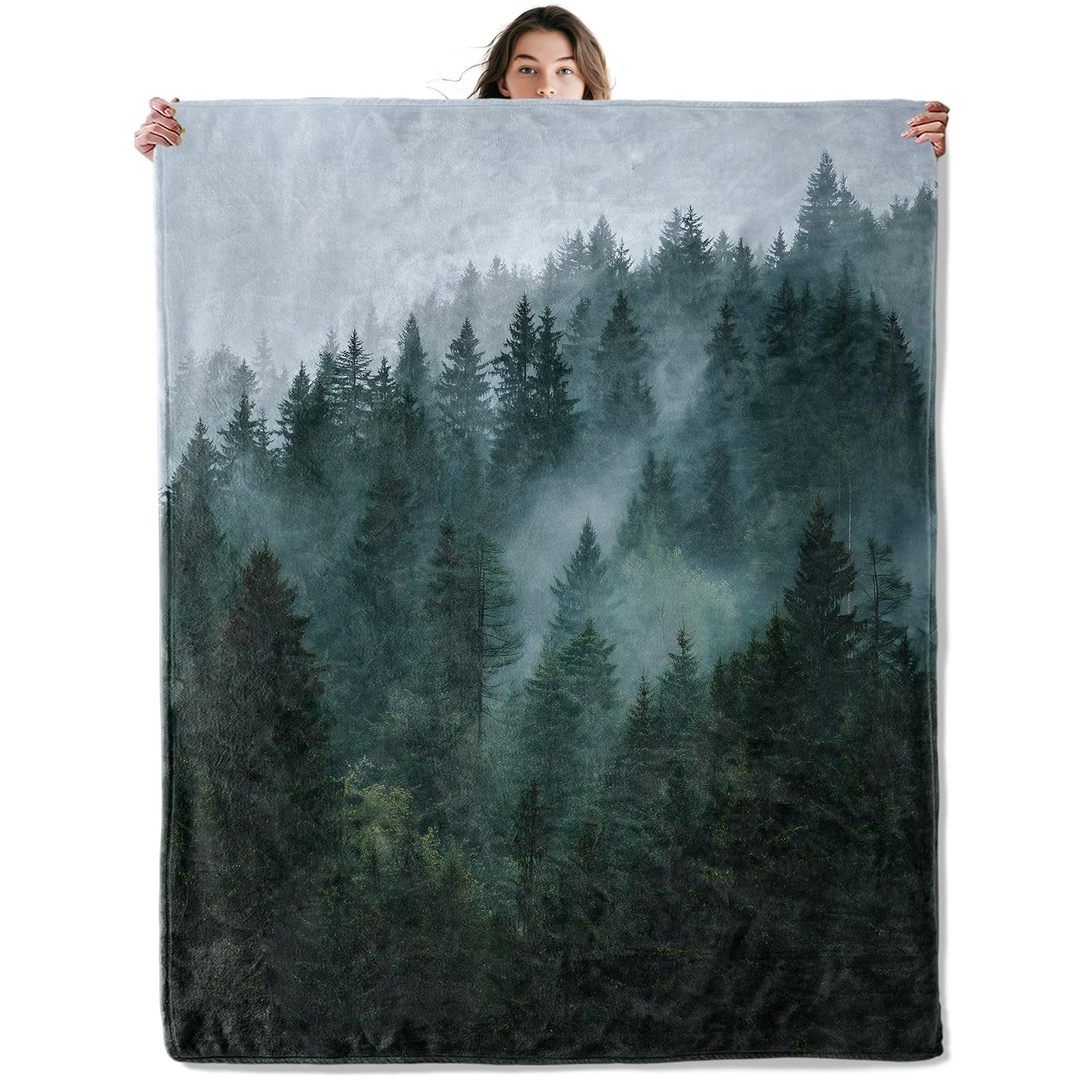 Misty Forest Throw Blanket Soft Flannel Green Pine Woodland 50x60 Inch