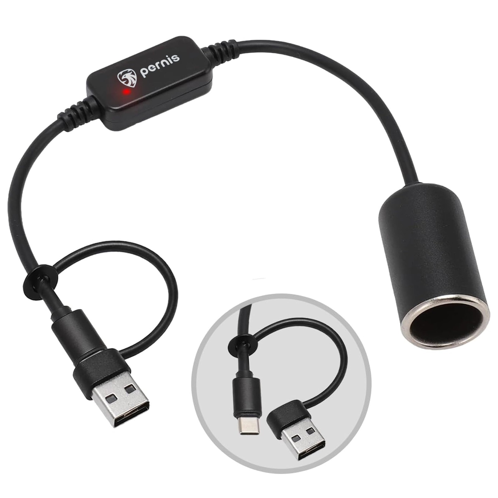 PERNIS USB to Cigarette Lighter Adapter, 35cm Cable, A & C Input black