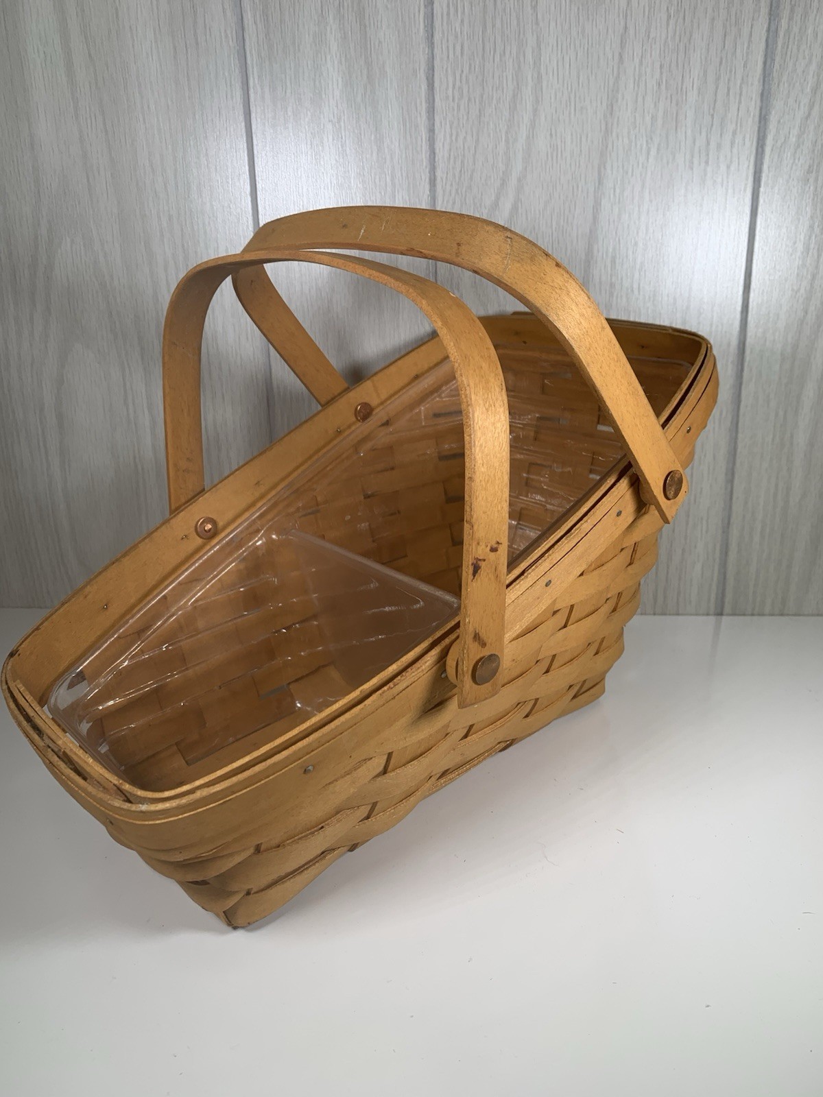 1999 Longaberger Vegetable Basket 2 Compartment Protector double handle Vintage