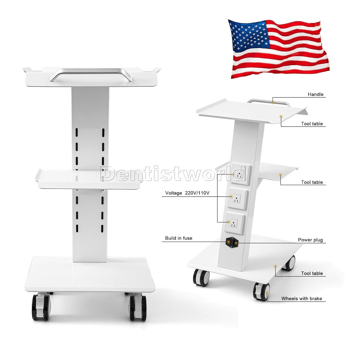 Medical Trolley Cart Mobile Steel Rolling Serving Cart Socket Dental Equipment