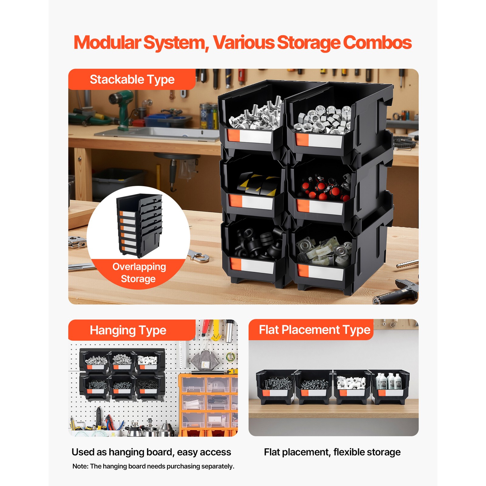 Uimoso Plastic Stackable Storage Containers 6 pcs Garage Organizer Black