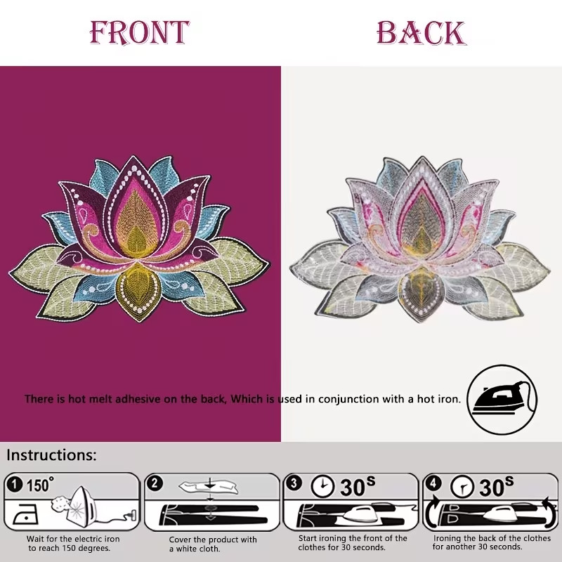 Large Oversized Embroidered iron on patch Lotus 7+3/4 x 5 inch