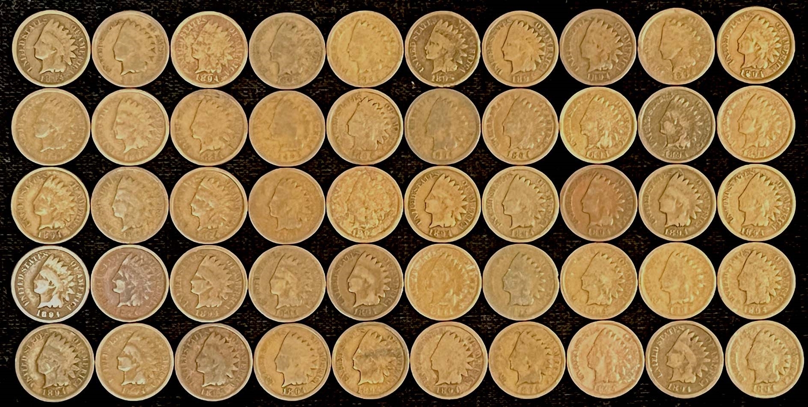(50) 1894 UNITED STATES INDIAN HEAD 1C ROLL AVERAGE CIRC CONDITION