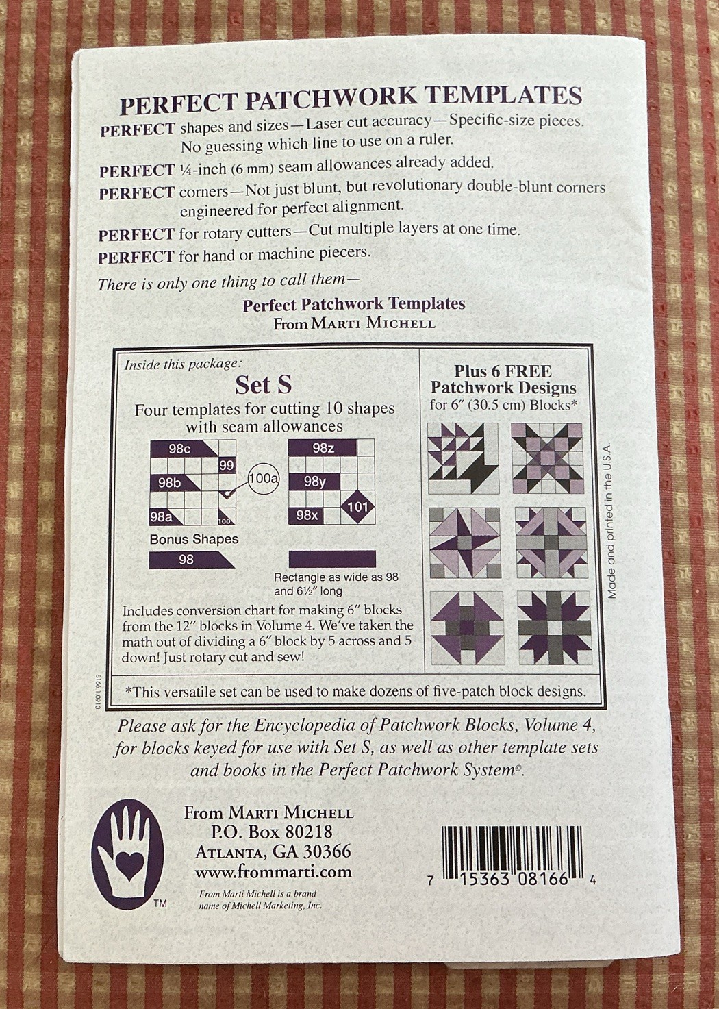 Marti Michell Perfect Patchwork Templates Set S The 6" Five-Patch Block Set 8166