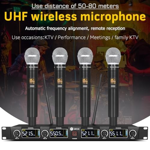 UW140 Wireless Microphone System, 4-Channel UHF Cordless Mic Set with Four