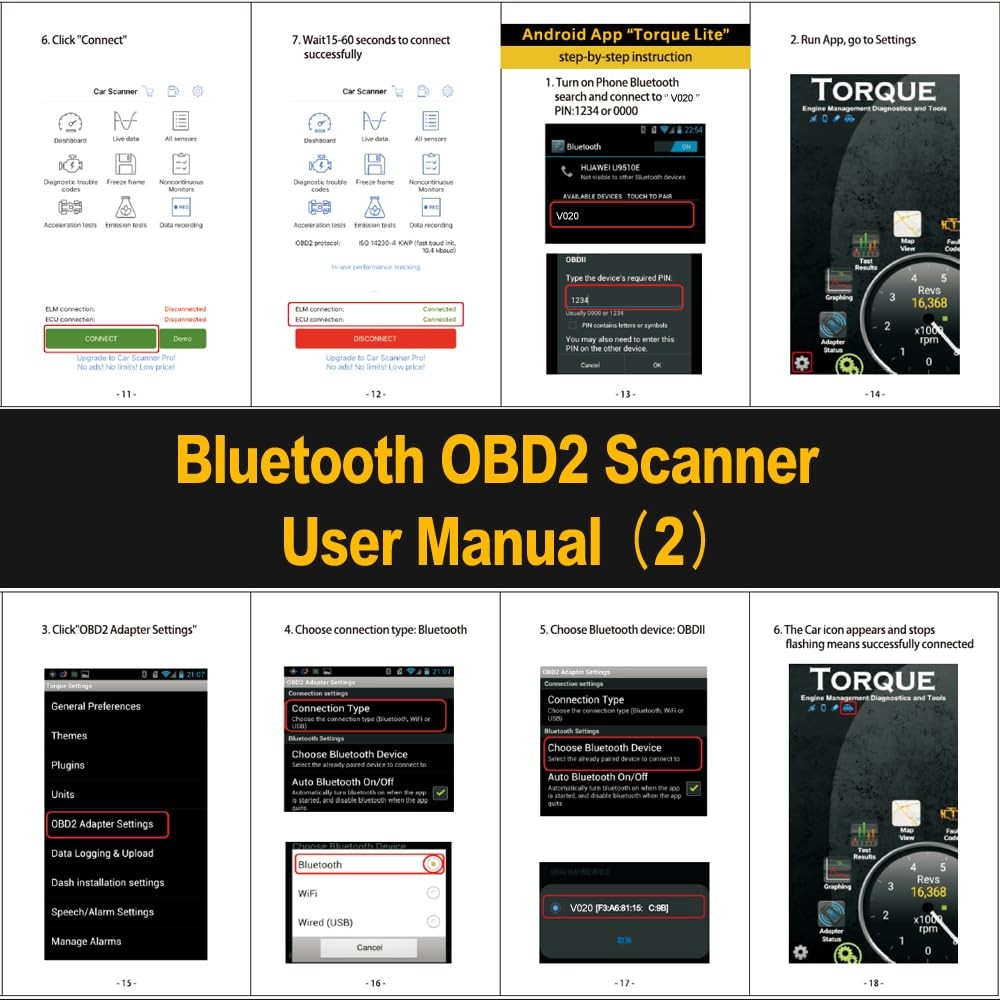 FlyroadUp OBD2 Scanner Bluetooth for iPhone iOS Android OBDII Diagnostic Scan...