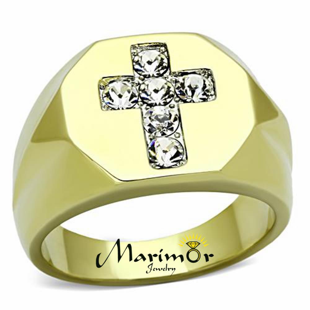 Men's Stainless Steel 14K Gold Ion Plated Cubic Zirconia Cross Ring Sizes 8-13