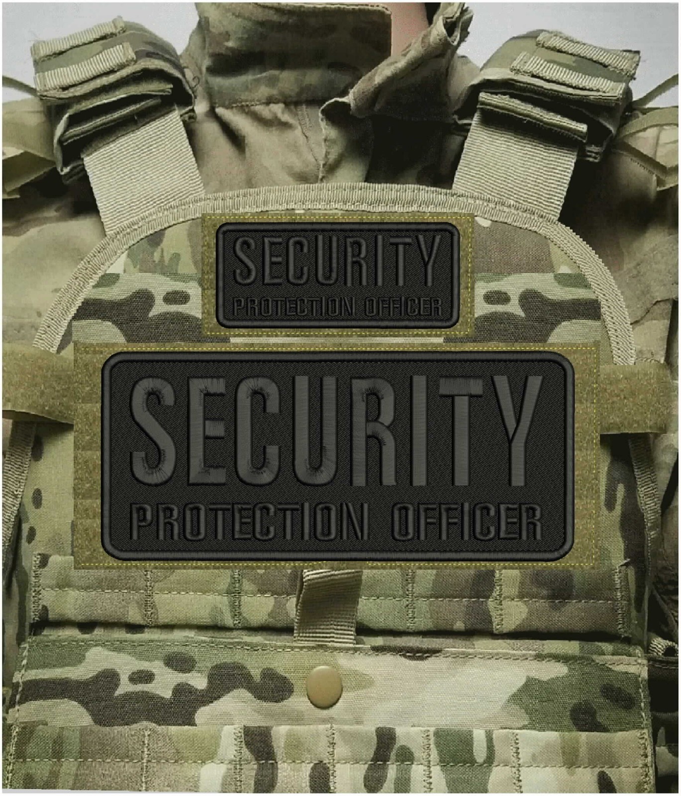 SECURITY PROTECTION OFFICER 2 EMB PATCHES 4X10 & 2X5 VELCR@ ON BACK all black